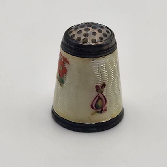 Vintage Sterling Silver Guilloche Enamel & Painted Flower Thimble - Picture 2 of 6